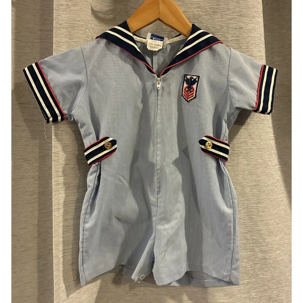 VTG Sailor Toddler 24 Mo Outfit Nautical One Piece Romper Kidcore Military Navy‎